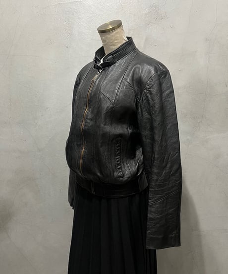 Belt Neck Zipup Leather Jacket BK