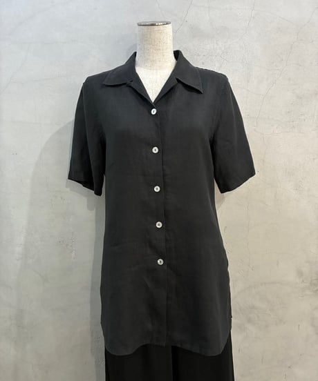 Italy S/S Linen Open Collar Shirt BK