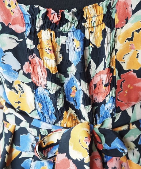 Back Shirring Flower Pattern Dress BK