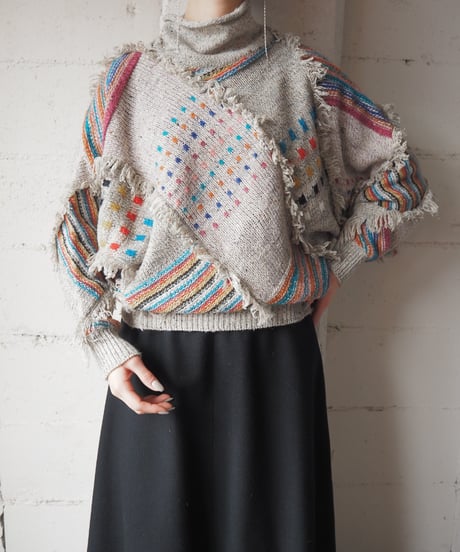Dolman Sleeve Fringe Colorful Sweater GR