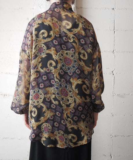 L/S Scarf Pattern Sheer Shirt BKYE