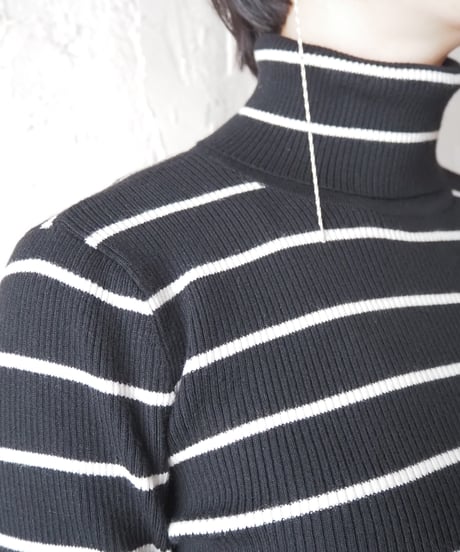 LAUREN Border Turtle Neck Knit BK WH