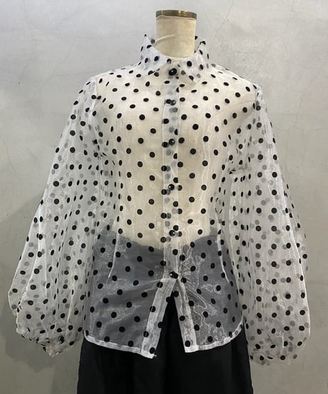 Sheer Dot Volume Sleeve Shirt WH BK