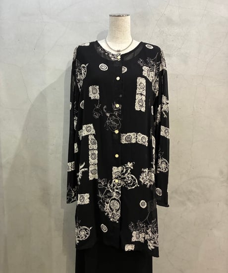Baroque Motif Collarless Sheer Shirt Dress BK