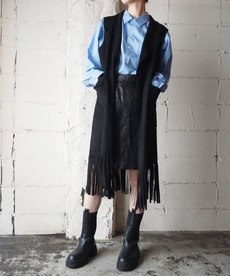Fake Suede Fringe Long Vest BK