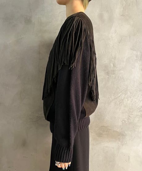 Leather Switching Fringe Knit BK