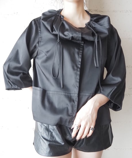 Drawstring Big Collar Short Jacket BK
