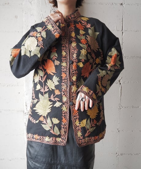 Floral Embroidery Stand Collar Jacket BK