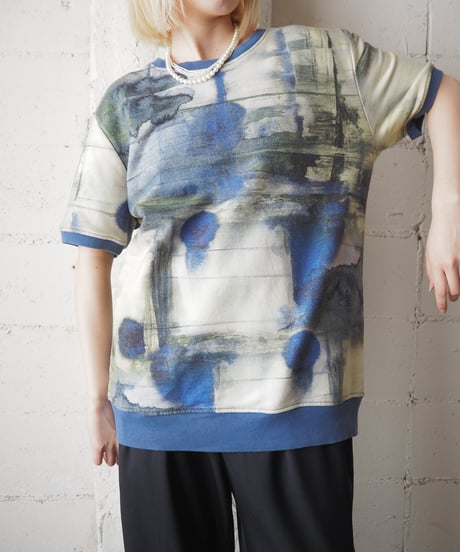 Water Color Painting Print Short Sleeve Sweat BLYE