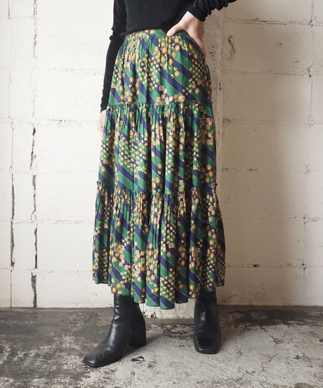 Stripe × Small Pattern Tiered Skirt NVGN