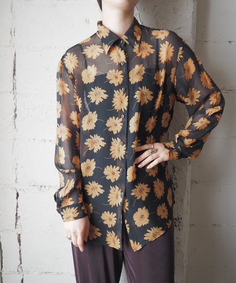 Flower Print Sheer Shirt BK OR