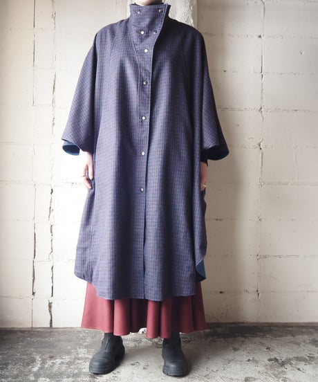 Reversible Cape Coat Check × Blue
