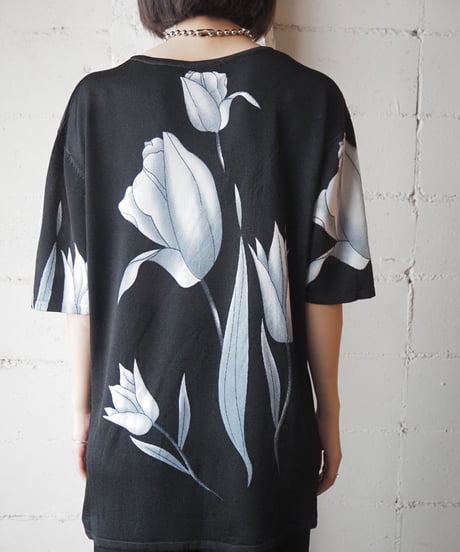 Flower Pattern s/s Silk Tee BK GRY WH
