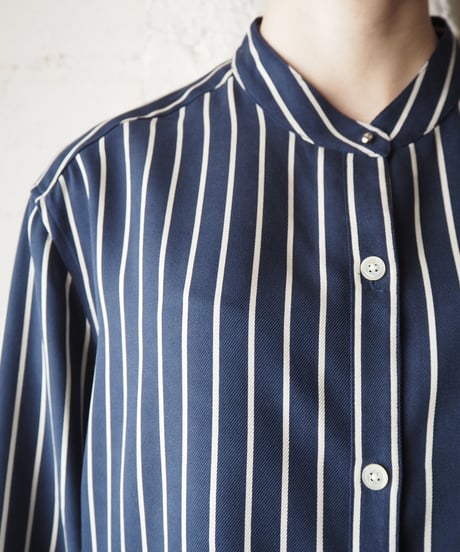LAUREN Stripe Band Collar Shirt NVWH