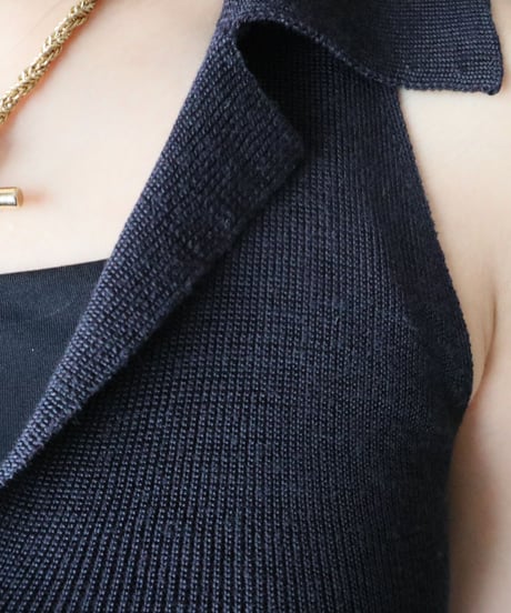 Open Collar Sleeveless Design Knit BK