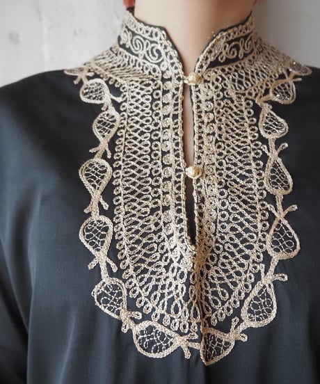 Gold Embroidery Half Button Blouse BKGD