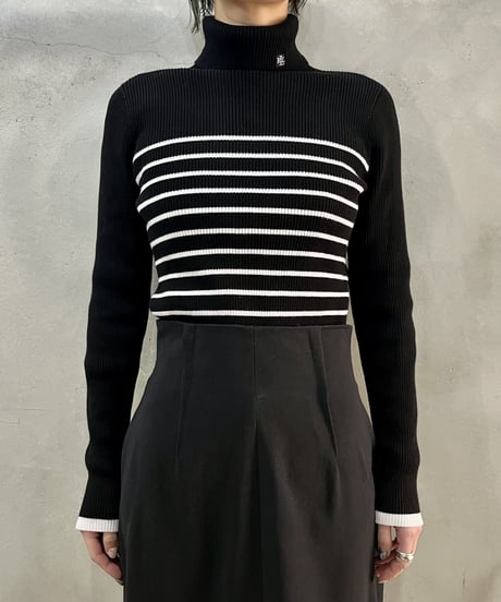 LAUREN Rib Knit Turtle Neck Border BKWH