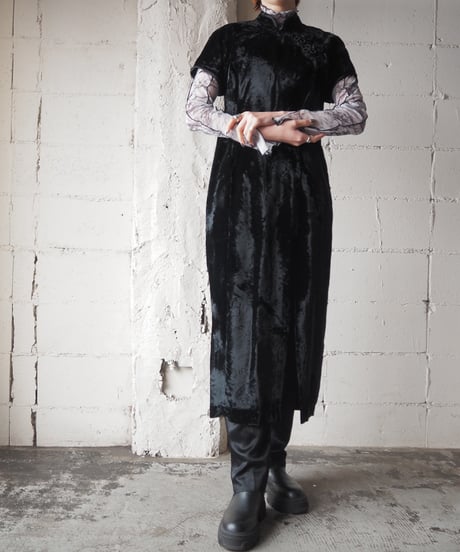 Short Sleeve Slit Velour China Dress BK