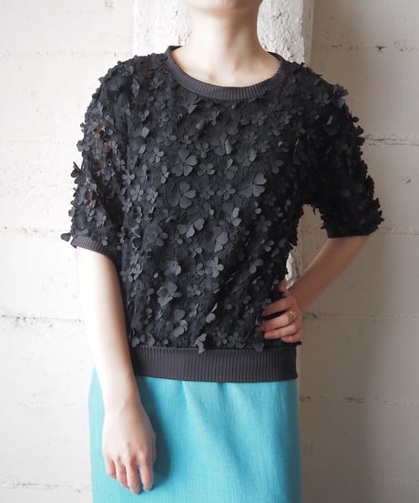 Lace×3D Flower Short Sleeve Tops BK