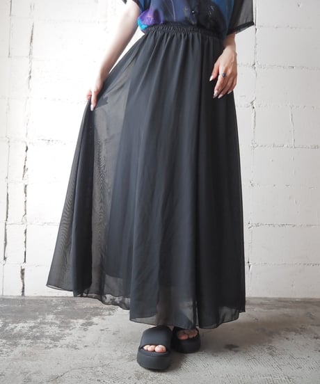 Sheer Layered Flare Long Skirt BK