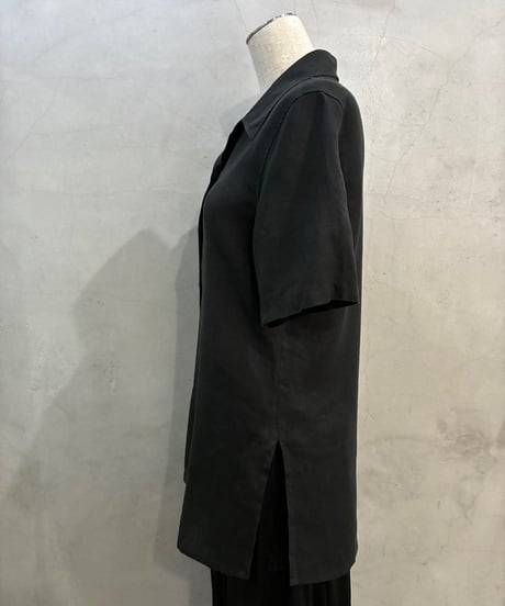 Italy S/S Linen Open Collar Shirt BK