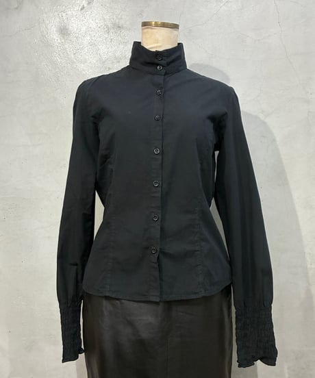 Stand Collar Gather Sleeve Blouse BK