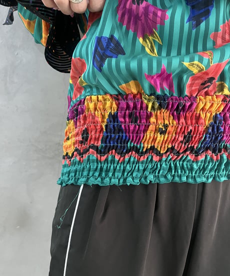 Flower×Stripe Pattern Frill Blouse BLYE