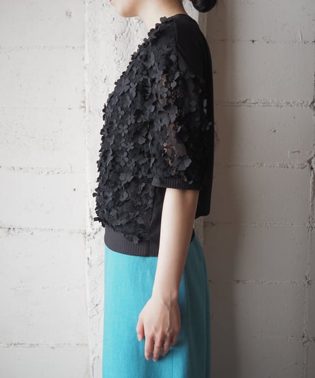 Lace×3D Flower Short Sleeve Tops BK