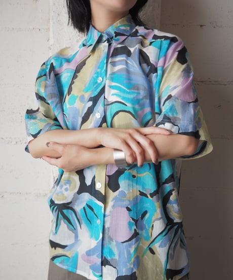 Botanical Pattern Sheer Cotton Shirt BLYE