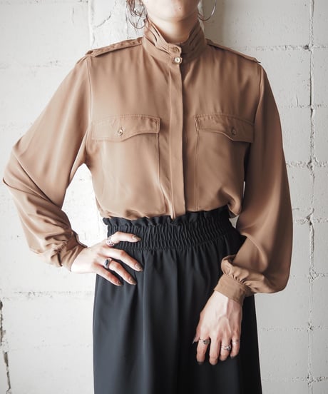 Pleated Band Collar Big Pocket Design Shirt BR