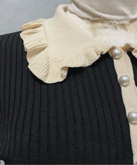 Bicolor S/S Frill Polo Rib Knit BKIV