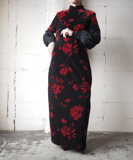 Floral Pattern Velour China Dress BKRE
