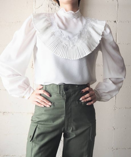 1970～80's Pleated×Lace Blouse WH