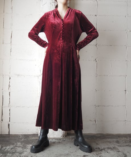 Shawl Collar Many Button Velour Dress BUR