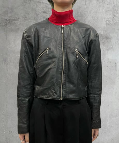 Short Zipup Leather Jacket BK