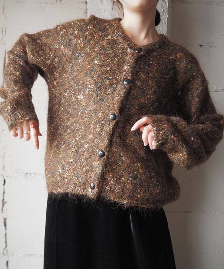 Mix Color Nep Yarn Crew Neck Cardigan BR