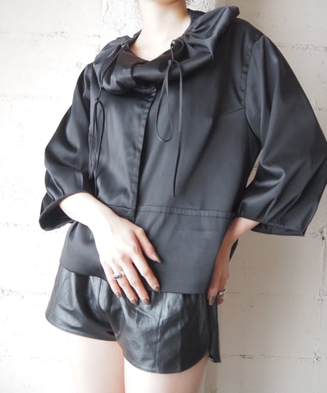 Drawstring Big Collar Short Jacket BK