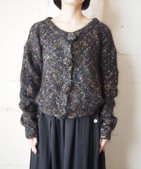 Mix Color Collarless Knit Cardigan BKGN