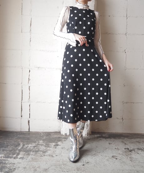 LAUREN Dot  Pattern Sleeveless Dress BKWH