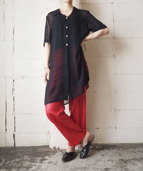 Open Collar Seethrough Long Shirt BK