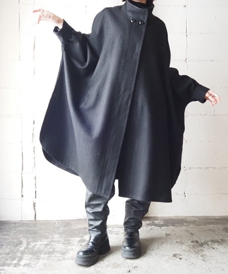 Front Top Button Wool Cape Coat BK