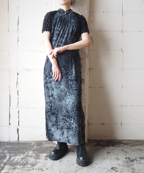 Botanical Pattern Flock Print Sleeveless China Dress DGR