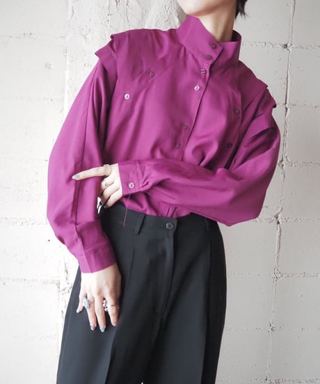 Stand Collar Shoulder Button Design Blouse PUR