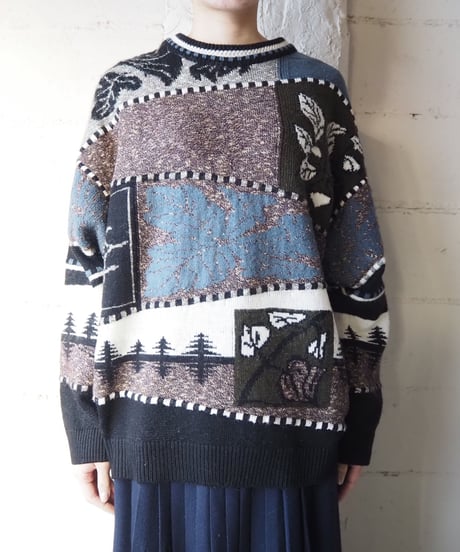 Switching Leaf Pattern Knit BK