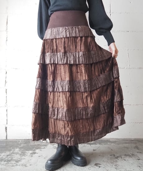Knit Waist Velour×Satin Tiered Skirt DBR