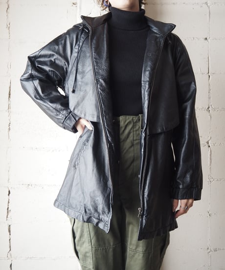 Drawstring Hooded Leather Coat BK