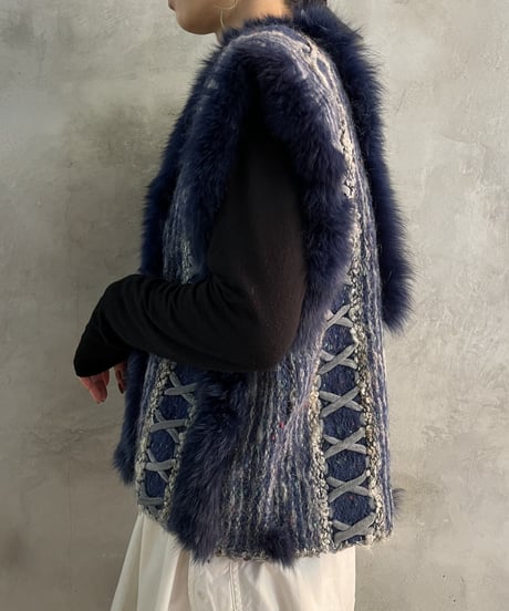 Fake Fur Design Knit Vest BLGR
