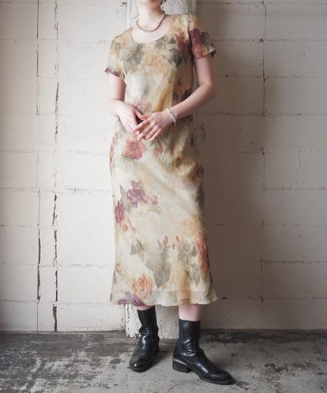 Made in USA Crinkled Floral Long Dress YE GN RE