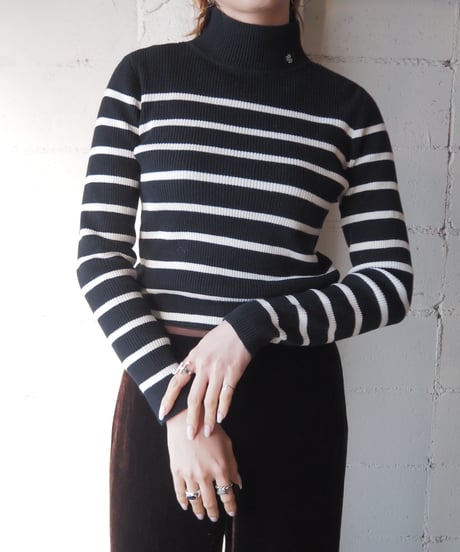 LAUREN Mock Neck Border Knit BK WH