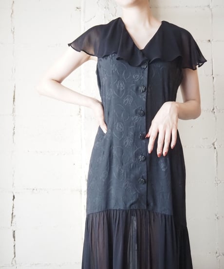 Flower×Sheer Tiered Dress BK